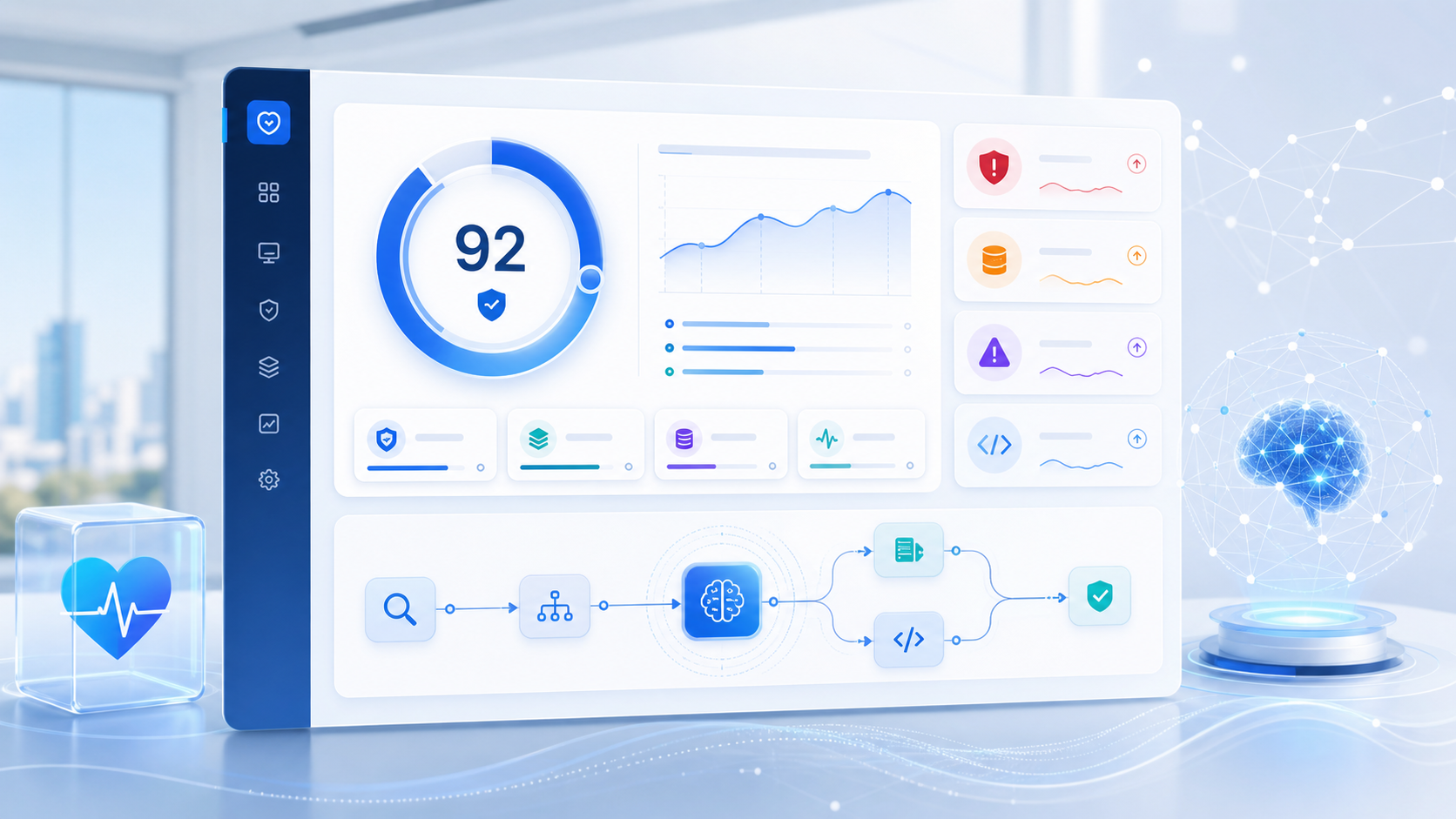 Abstract blue and white AI dashboard showing platform health, risk signals, and connected workflow nodes.